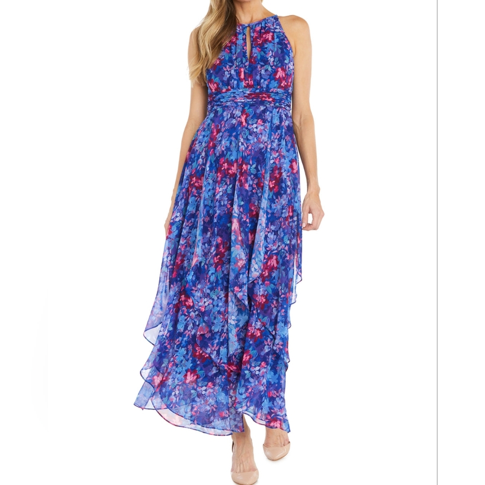 R&M Richards Chiffon Dress with a Halter Keyhole (Royal blue)